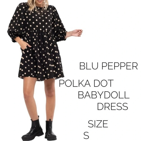 Blu Pepper black and cream polka Dot Babydoll Minidress size S - Picture 1 of 11